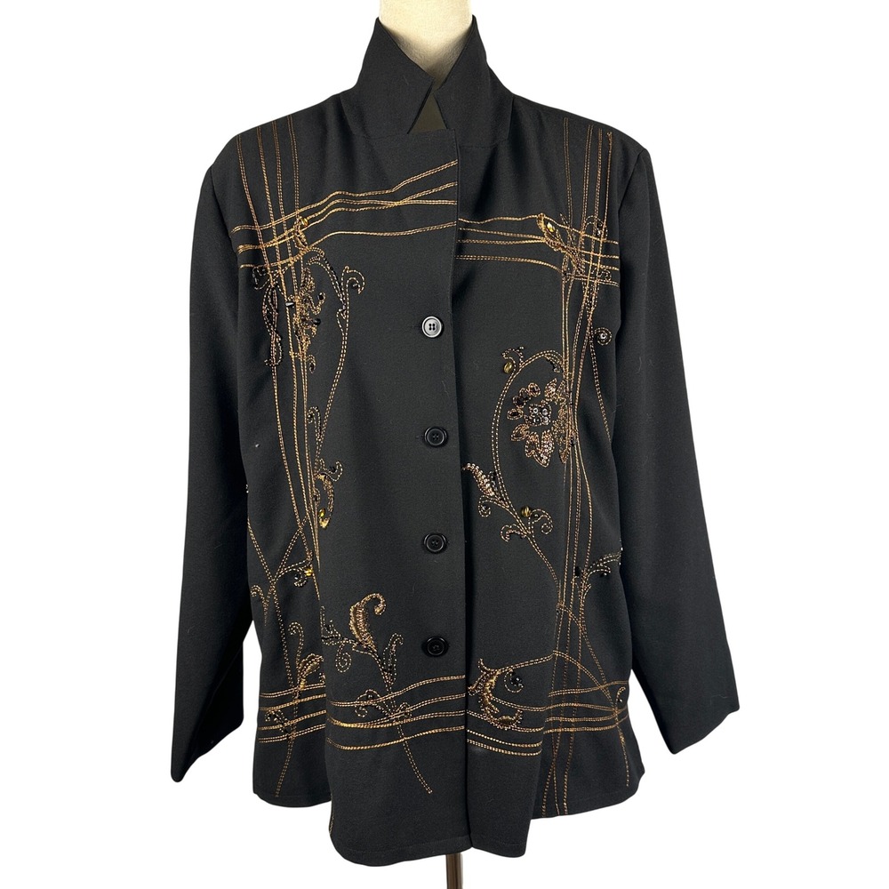 Susan Graver Style Black Embellished Mandarin Collar Blazer Women 1X Elegant‎